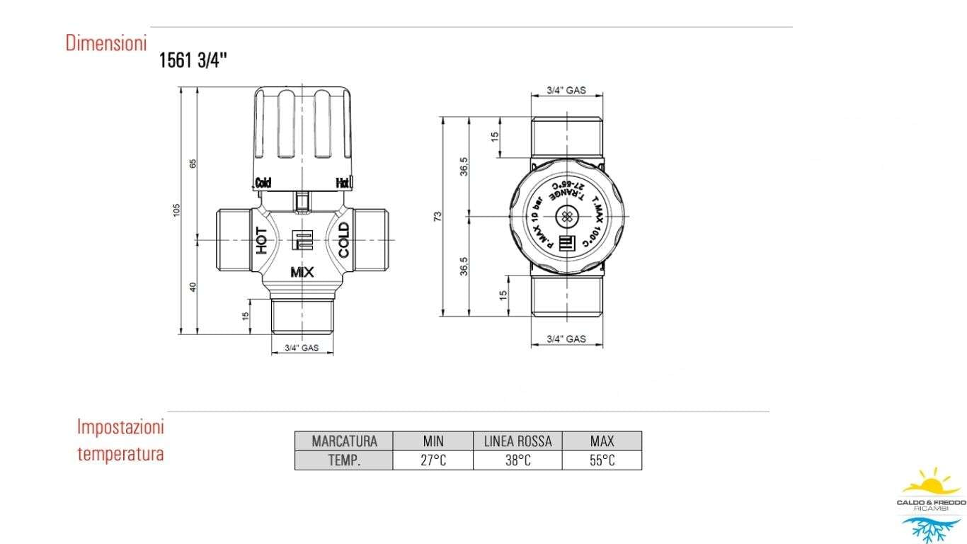 Valvola miscelatrice termostatica impianti solari da 3/4" maschio 1561s
