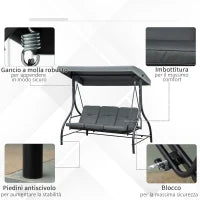 Dondolo da Giardino 3 Posti Convertibile in Lettino con Tettuccio Regolabile, Grigio Scuro