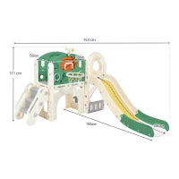 Scivolo combinato per bambini con scivolo lungo, scatola portaoggetti, tunnel, scala a pioli e canestro da basket, facile da montare e comodo da riporre, 152×186×110 cm,Verde Antico