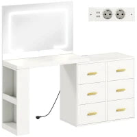 Tavolo da Trucco con specchio a LED regolabile, prese elettriche, 6 cassetti, 2 ripiani aperti, Bianco
