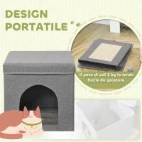 Casetta per Gatti Pieghevole a Cubo con Cuscino e Tappetino Tiragraffi, 36.5x36.5x36.5 cm, Grigio