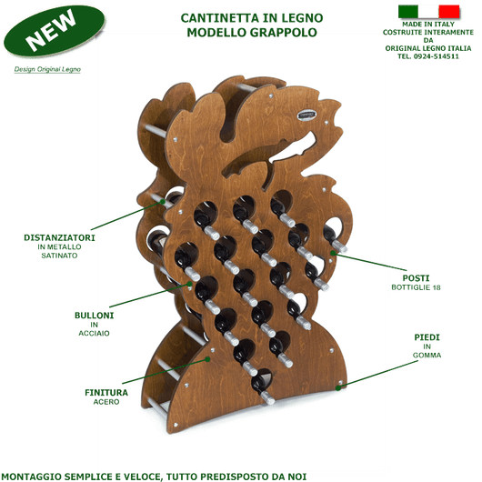 CANTINETTA IN LEGNO PORTA BOTTIGLIE VINO MODELLO GRAPPOLO 18 BOTTIGLIE FINITURA NOCE L.75 x P,25 x H.120 100% FABBRICATO IN ITALIA