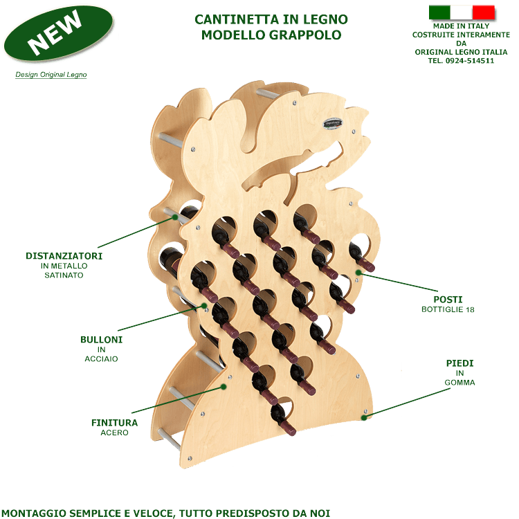 CANTINETTA IN LEGNO PORTA BOTTIGLIE VINO MODELLO GRAPPOLO 18 BOTTIGLIE FINITURA ACERO L.75 x P,25 x H.120 100% FABBRICATO IN ITALIA