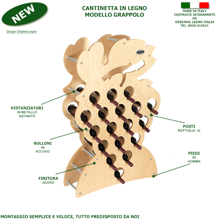 CANTINETTA IN LEGNO PORTA BOTTIGLIE VINO MODELLO GRAPPOLO 18 BOTTIGLIE FINITURA ACERO L.75 x P,25 x H.120 100% FABBRICATO IN ITALIA
