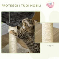 Tiragraffi per Gatti con Amaca in Peluche, Base in Legno con Gioco e Pali in Sisal, 53.55x53.5x66cm, Grigio