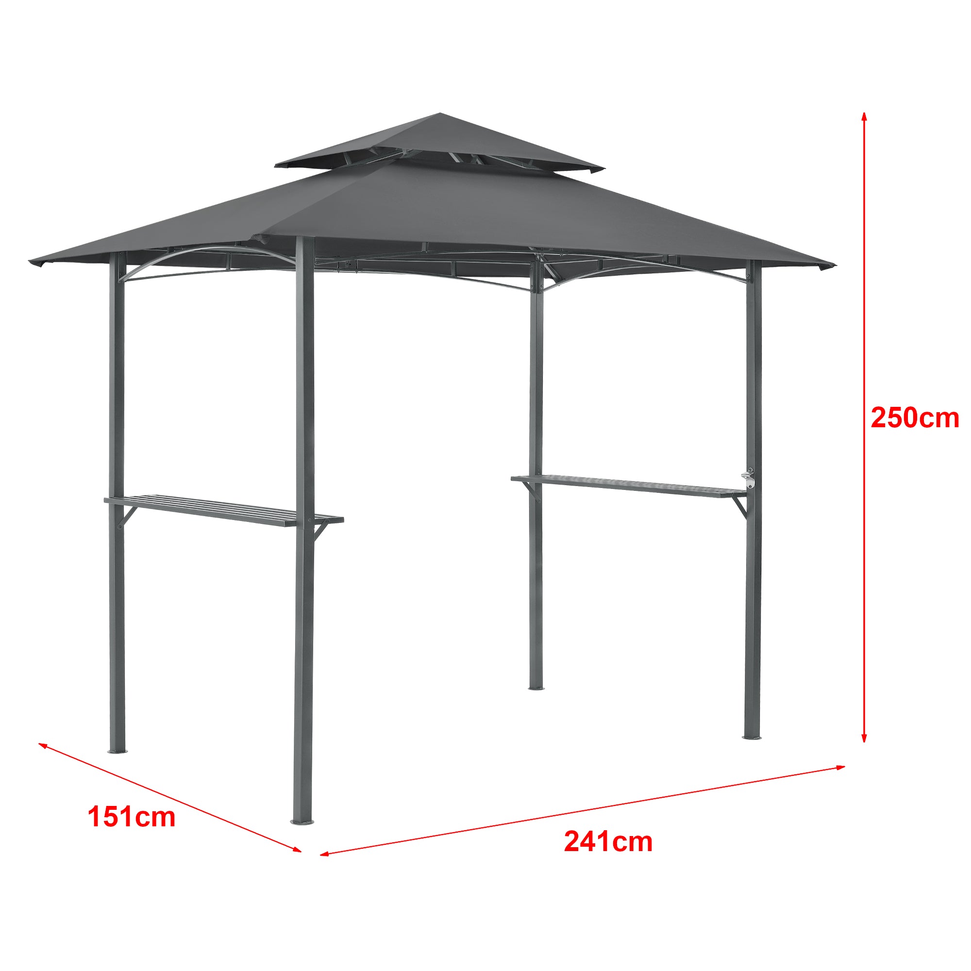 Gazebo per BBQ / Griglia 250x241x151 cm Riparo da Giardino con Tettucio Doppio e 2 Mensole Laterali - Struttura in