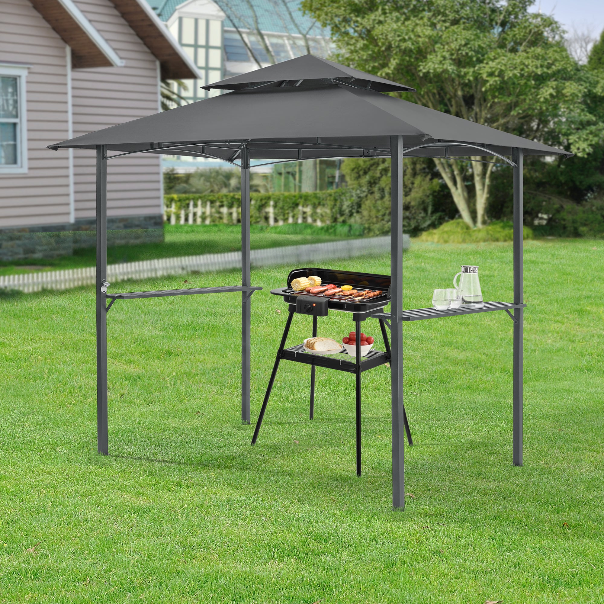 Gazebo per BBQ / Griglia 250x241x151 cm Riparo da Giardino con Tettucio Doppio e 2 Mensole Laterali - Struttura in