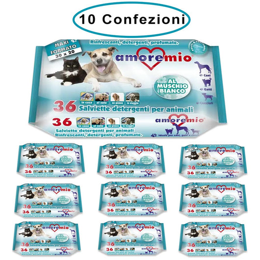 Amore mio salviette detergenti per cani gatti e cuccioli al muschio bianco 10 confezioni da 36 salviette