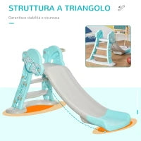 Scivolo per Bambini da 18 Mesi Pieghevole con 3 Scalini e Canestro Basket, 140x87x75cm, Blu e Grigio