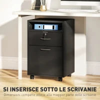 Mobiletto da Ufficio in Legno con Ripiano Aperto, Cassetto con Serratura e Armadietto, 40x35x60 cm, Nero