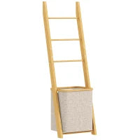 Mobile da Bagno in Bambù con Porta Asciugamani a 3 Barre e Cesto per Biancheria Sporca Rimovibile da 48 L, Crema