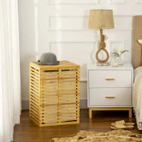 Cesto Portabiancheria in Bambù con Coperchio e Sacca in Poliestere Removibile e Lavabile, 44x37x62.5 cm, color Legno