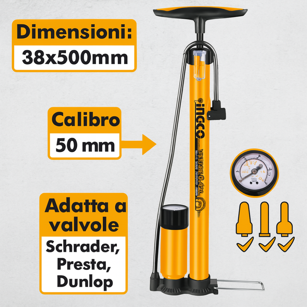 Pompa manuale professionale manometro tubo acciaio bici moto auto 38x500 mm