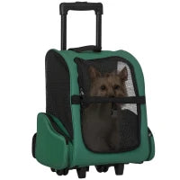 Trasportino Zaino 2 in 1 per Cani e Gatti con Tasche Laterali, Maniglia Telescopica e Ruote, 42x25x55cm, Verde