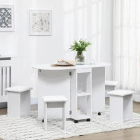 Set da cucina 5 Pezzi, Tavolo pieghevole con 2 ripiani e 4 Sgabelli in Legno truciolato, Bianco