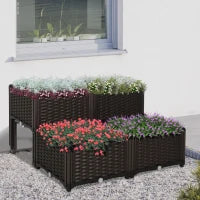 Set 4 Pezzi Fioriere da Esterno Autoirriganti Rialzate Letto da Giardino Rialzato per Fiori Effetto Rattan in PP, Marrone