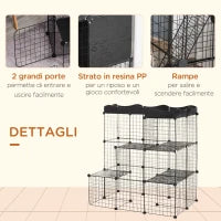 Recinto per Animali Domestici Modulabile e Multilivello con Rampa e 2 Porte in Acciaio e PP, 105x70x116 cm, Nero