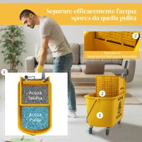Secchio Lavapavimenti Professionale 20L con Mocio, Strizzatore, Ruote e Manico, 45x26.5x70 cm, Giallo