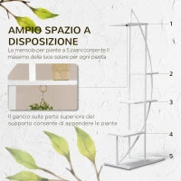 Portafiori a 5 Livelli a Mezzaluna per Interni ed Esterni in MDF e Acciaio, 50x30x160 cm, Bianco