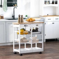 Carrello da Cucina Multiuso con 2 Cassetti, 2 Ripiani e 2 Cesti, in Legno di Pino, 74x37x76 cm, Bianco