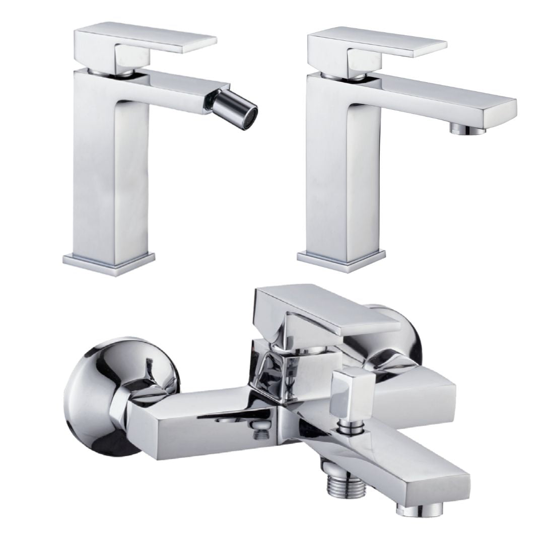 Miscelatore rubinetto bidet cromato + miscelatore rubinetto lavabo cromato + miscelatore esterno vasca con deviatore