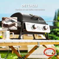 Barbecue a Gas Portatile con 2 Bruciatori e Coperchio con Termometro, Nero