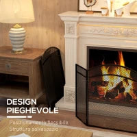 Parascintille per Camino Pieghevole a 3 Pannelli in Metallo con Design Classico, 96x60cm, Nero