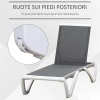 Lettino Prendisole con Schienale Reclinabile e Rotelle Posteriori, 195x67.5x33 cm, Grigio e Bianco