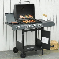 Barbecue a Gas con Coperchio, 4 Bruciatori da 11.6kW, Fornello, Mensola e 2 Ruote, 110x50x100cm Nero