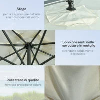 Ombrellone Decentrato a 6 Stecche con Manovella e Base a Croce, in Metallo e Poliestere, Ø292x247 cm, Beige