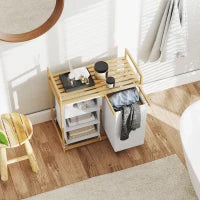 Cesto Portabiancheria con 2 Borse Estraibili, Maniglie e Ripiano in Bambù, 70x36x70 cm, Bianco