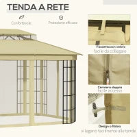 Gazebo da Giardino con Zanzariera, Tetto a 2 Livelli e Struttura in Metallo, 3.7x3m, Beige