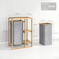 Cesto Portabiancheria con Borsa Estraibile e Ripiani a Doghe in Bambù, 50x32x70 cm, Grigio