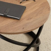 Tavolino Rotondo Stile Industriale in Metallo Nero e Piano in Legno, Ø 60 x 46 H cm