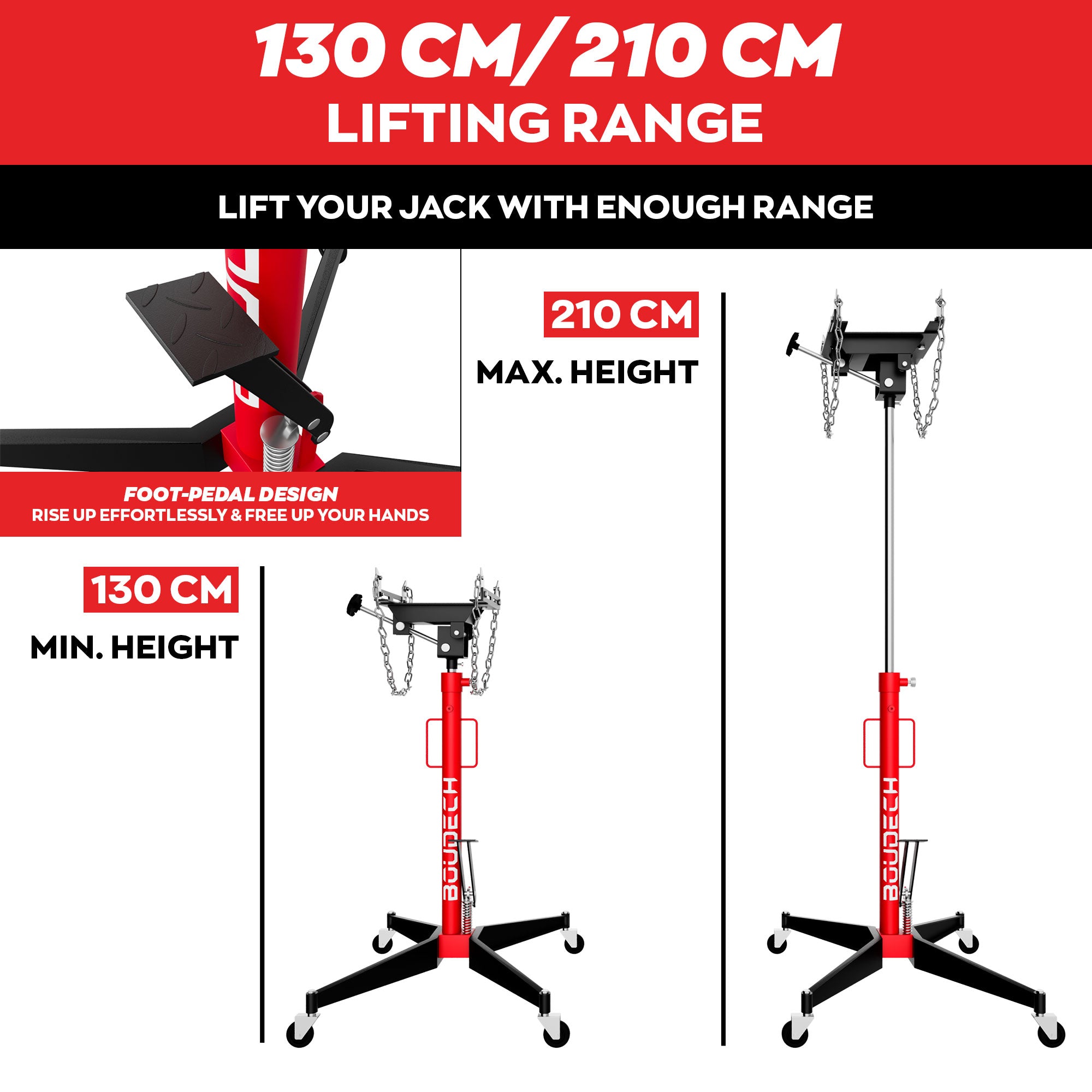 Hack - Sollevatore idraulico da Fossa max 500Kg H210 cm per Trasmissione Motore Auto con Ruote in Acciaio Rosso