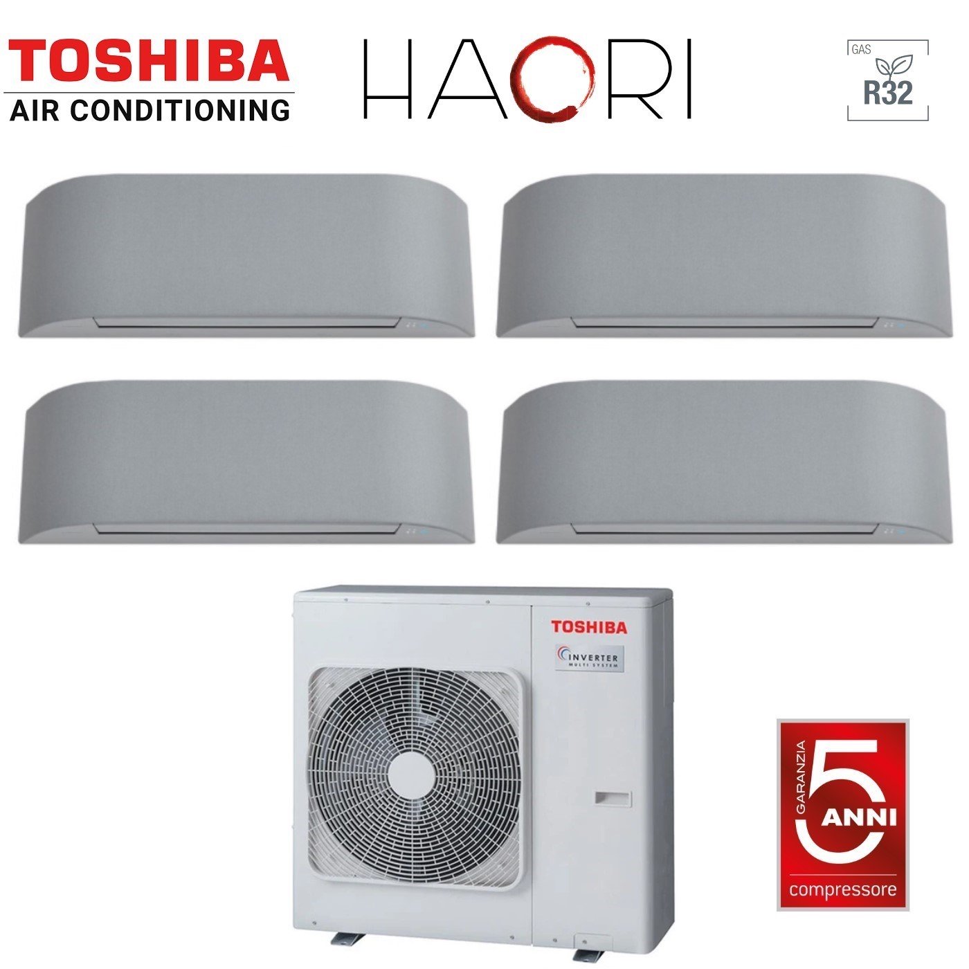 Climatizzatore Condizionatore Toshiba Quadri Split Inverter serie HAORI 10+10+13+13 (9+9+12+12) RAS-4M27U2AVG-E R-32 Wi-Fi Integrato 10000+10000+13000+13000 (9000+9000+12000+12000) Grigio Chiaro