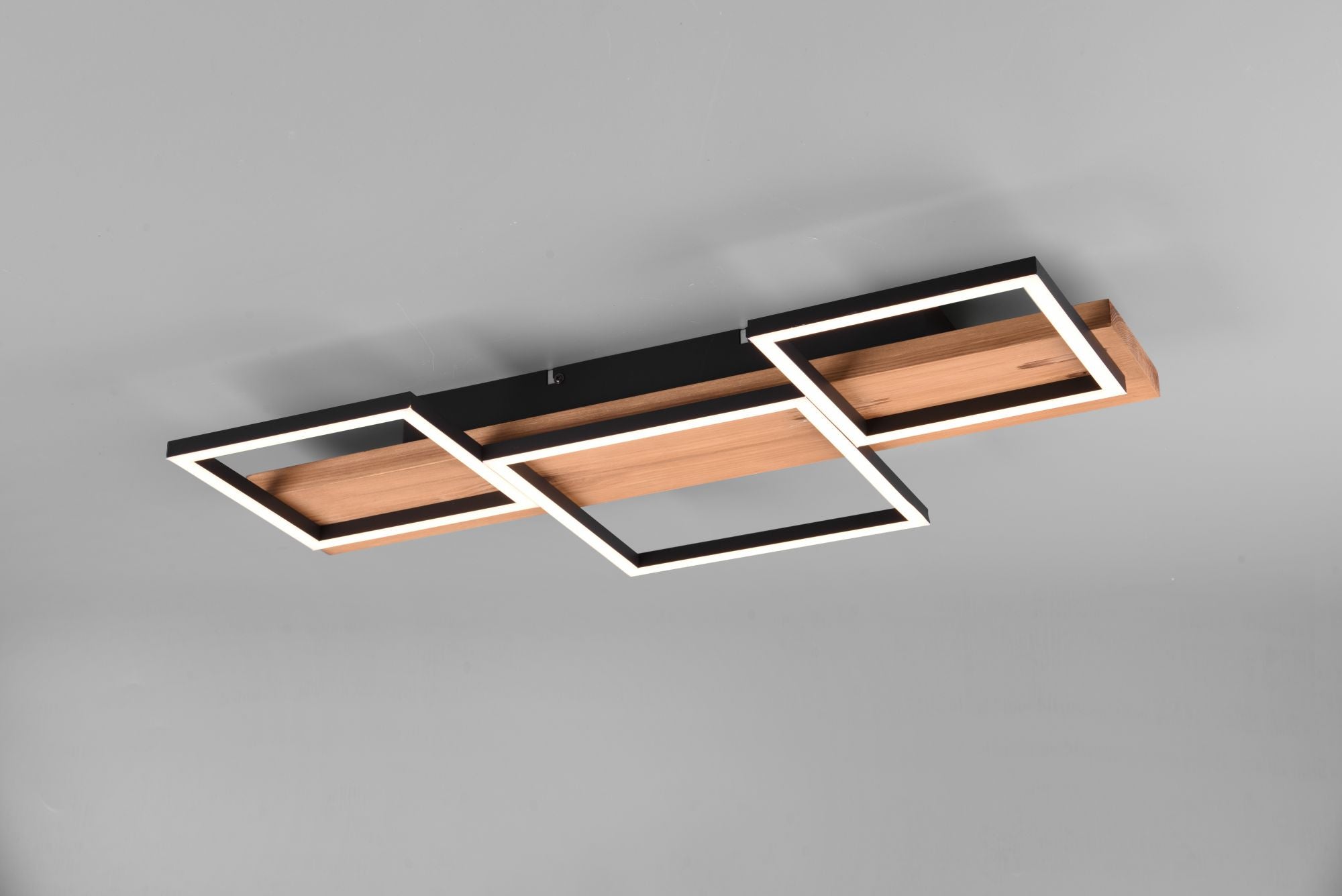 HARPER PLAFONIERA LED 30W 4000lm, 3000K LEGNO NATURALE E METALLO NERO 3 QUADRATI CON REGOLAZIONE INTENSITA' CON NORMALE INTERRUTTORE A PARETE L. 65CM