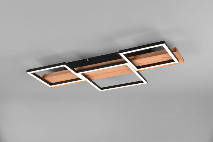 HARPER PLAFONIERA LED 30W 4000lm, 3000K LEGNO NATURALE E METALLO NERO 3 QUADRATI CON REGOLAZIONE INTENSITA' CON NORMALE INTERRUTTORE A PARETE L. 65CM