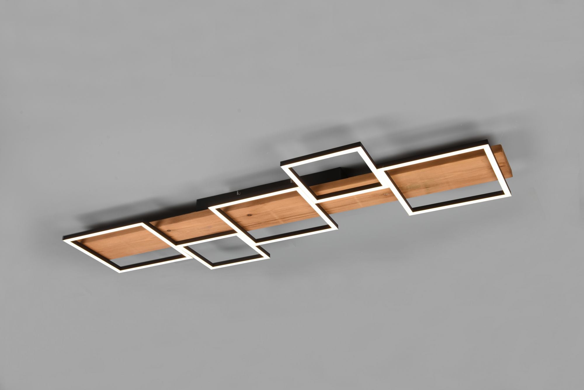 HARPER PLAFONIERA LED 42W 5700lm, 3000K LEGNO NATURALE E METALLO NERO 5 QUADRATI CON REGOLAZIONE INTENSITA' CON NORMALE INTERRUTTORE A PARETE L. 115CM