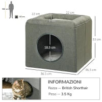 Casetta per Gatti a 2 Livelli con Cuscino in Peluche, in Legno, Poliestere e Plastica, 36.5x36.5x33 cm, Verde