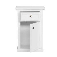 Mobiletto 1 anta 1 cassetto arte povera in legno massello e mdf con rifinitura in bianco 46x31x76 H