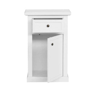 Mobiletto 1 anta 1 cassetto arte povera in legno massello e mdf con rifinitura in bianco 46x31x76 H