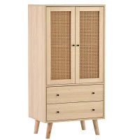 Credenza legno multifunzione con 2Ante in Rattan e 2Cassetti, impermeabili e gambe in legno di pino massiccio, Quercia