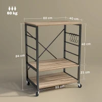 Scaffale da Cucina a 3 Livelli Stile Industriale con Ruote e 4 Ganci, Struttura in Acciaio, 60x40x84 cm, Teak