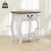 Comodino con Cassetto e Ripiano Aperto in Stile Francese in Legno, 45x35x55 cm, Bianco e Rovere