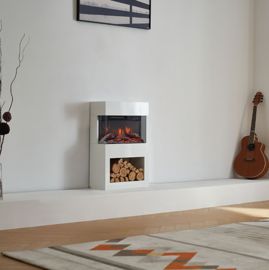 Camino elettrico HENRI - Stufa elettrica con riscaldamento, effetto fiamma 3D, vano portalegna, telecomando - Bianco