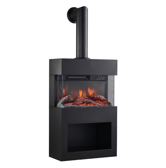 Camino elettrico HENRI con tubo del camino - Stufa elettrica con riscaldamento, effetto fiamma 3D, vano portalegna, telecomando - Nero