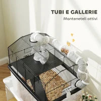 Gabbia per Criceti a 2 Piani con Ruote, Tubi, Ciotola, Bottiglia e Rampa, 58x43x57 cm, Nero