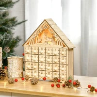 Calendario dell'Avvento in Legno con 24 Cassetti, Decorazione Natalizia con Presepe Intagliato e Luci, 26.6x6x30cm