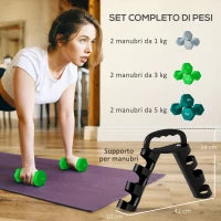 Set Manubri con Supporto, 3 Coppie di Pesi da 2 x 1 kg, 2 x 3 kg, 2 x 5 kg, Multicolore